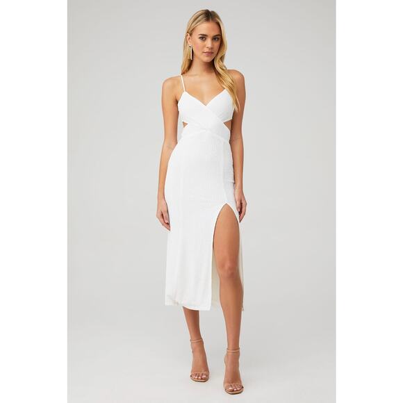 NWOT Saylor Harmonie White Sequin Cutout Cross Front High Slit Dress Size Large